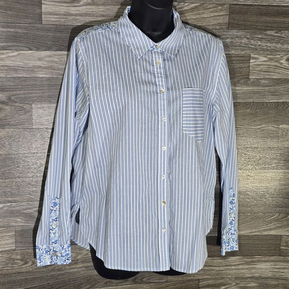 Lucky Brand Large L Blue Stripe Floral Cotton Button-Up Shirt Blouse Women's